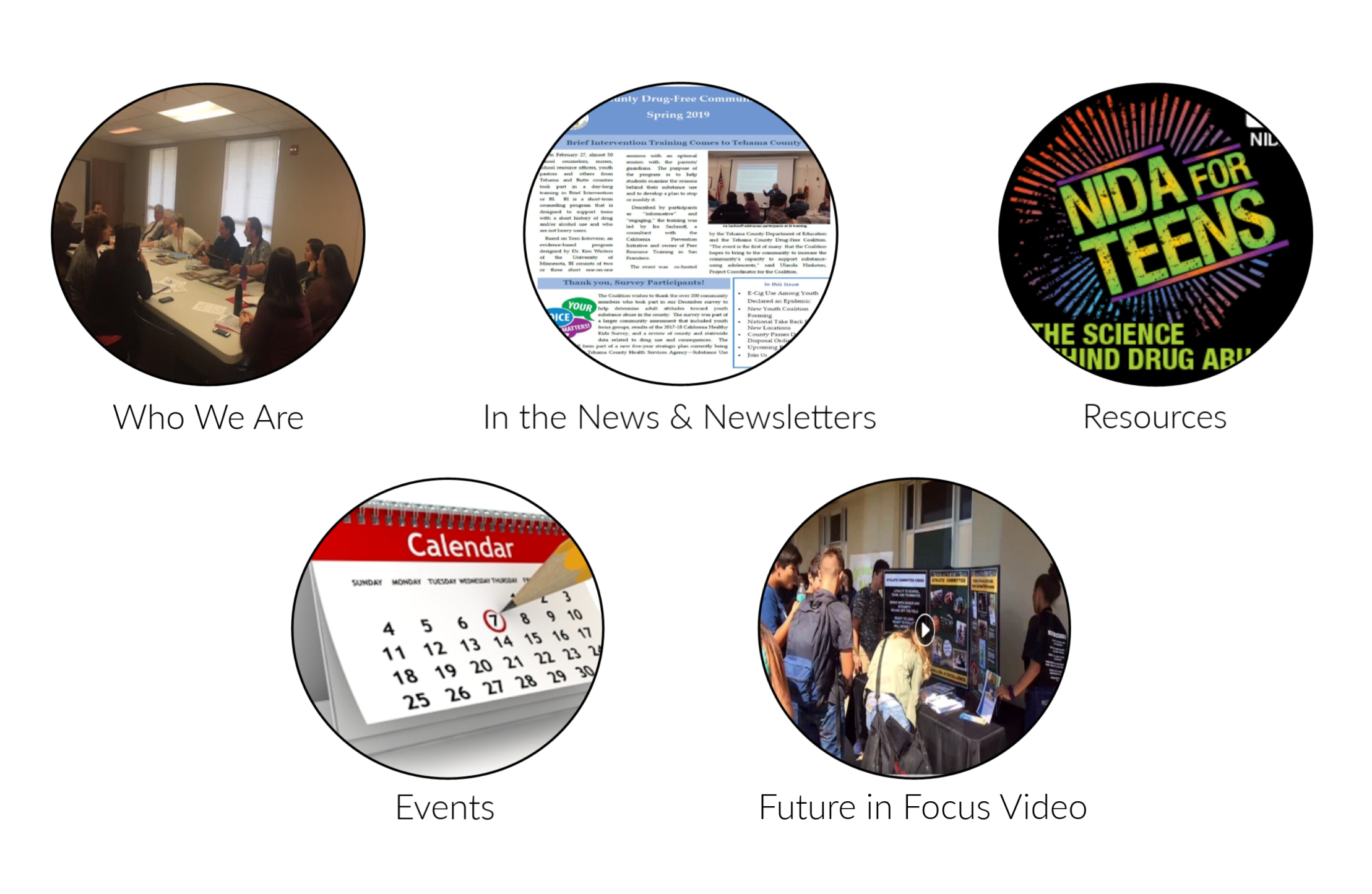 Five buttons for navigation that say who we are, in the news and newsletters, resources, events and future in focus video